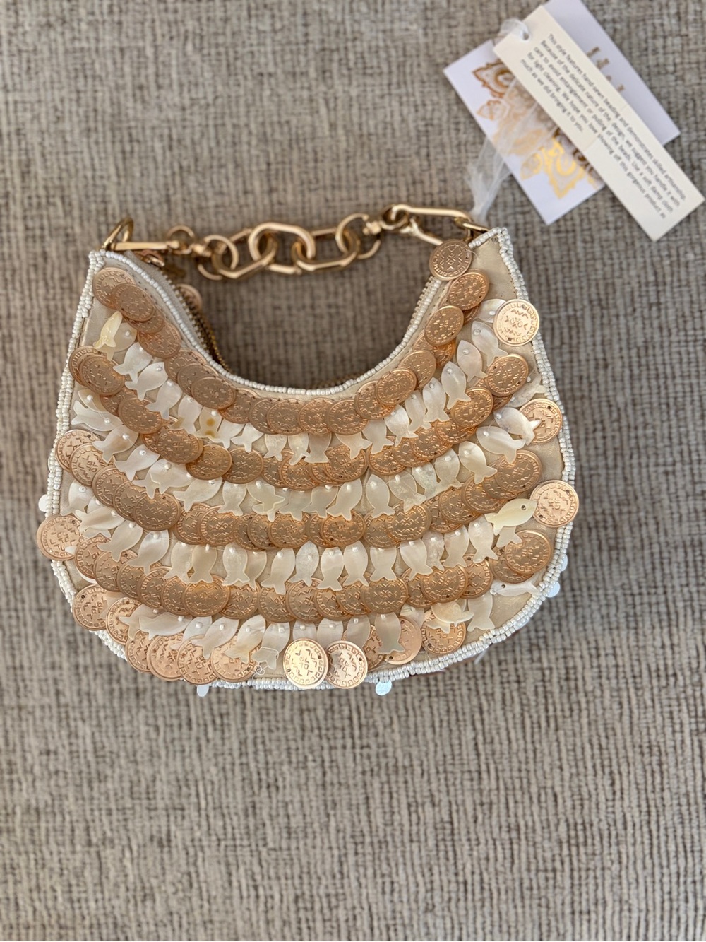 Gold Coins & Fishes Shell Embellished Shoulder Bag